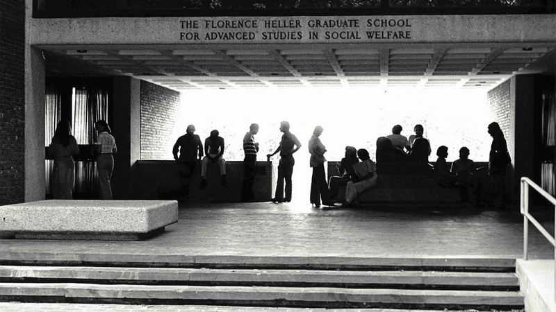 black and white image of a 1970s Heller main entrance