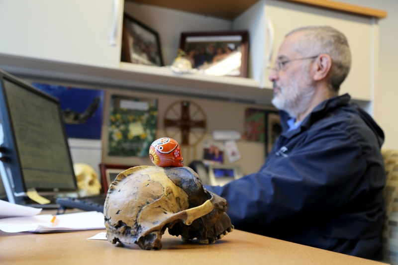 Image of Godoy at his desk with Australopithecus skull