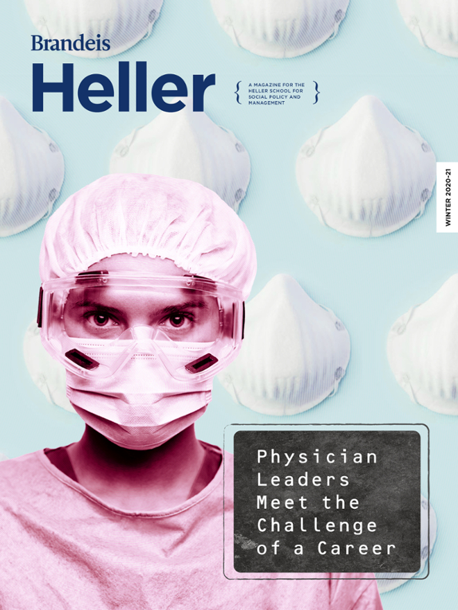Cover of winter 2021 Heller Magazine with medical worker in personal protective equipment and background of N95 masks