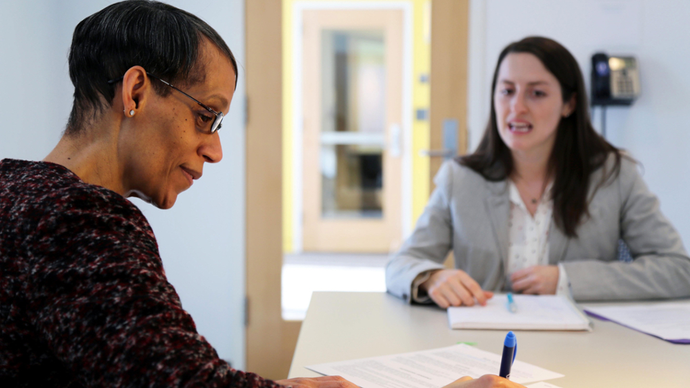 Student speaking with job recruiter