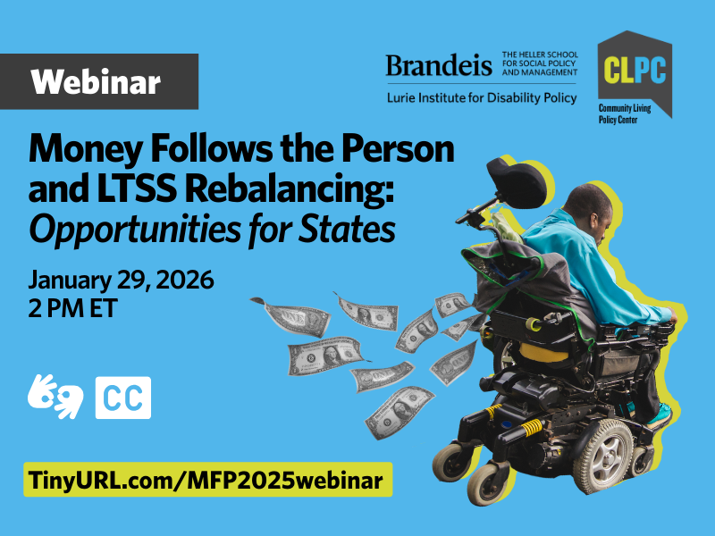 wheelchair user driving with money following him. Information provided on webpage provided on graphic.