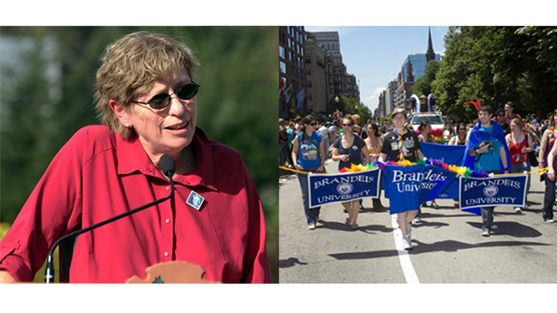 Left, Susan Curnan at podium for Eleanor Roosevelt birthday event; right, Heller/Brandeis students march in Boston Pride Parade
