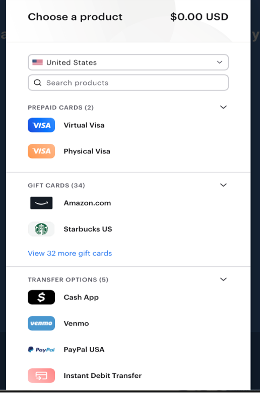 screenshot showing the payment amount at the top and a list of payment options, which include prepaid Visa cards, gift cards, and cash transfer