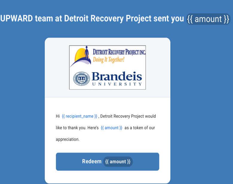 screenshot of the initial payment portal screen with a large button at the bottom of the page labeled "Redeem {{amount}}"