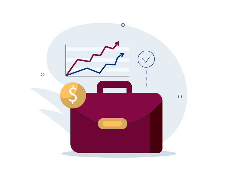 a simple vector illustration of a line graph and a maroon briefcase