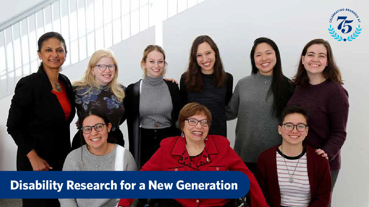 Photo of Monika Mitra, Shoshana Finkel, Alanna Levy, Norma Stobbe, Monica Chen, Rachel Steinberg. Front row: Shira Levie, Judy Heumann, Max Tang. Text on picture reads "Disability Research for a New Generation"