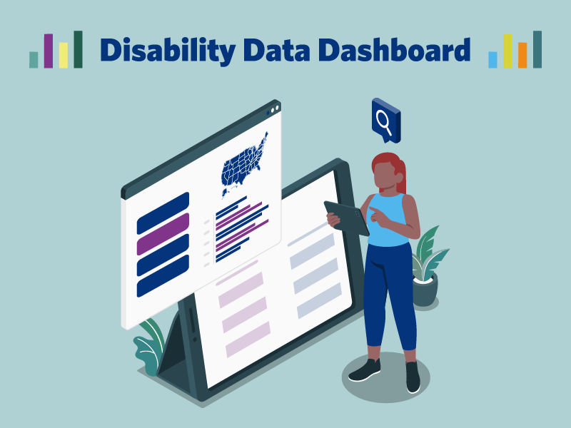 Disability Data Dashboard. A graphic of a black woman interacting with the data dashboard.