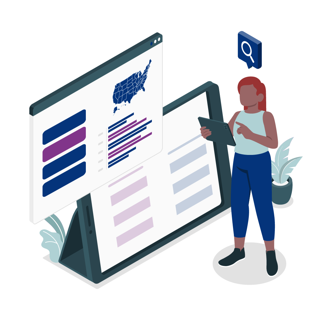 Graphic of a woman interacting with the Disability Data Dashboard