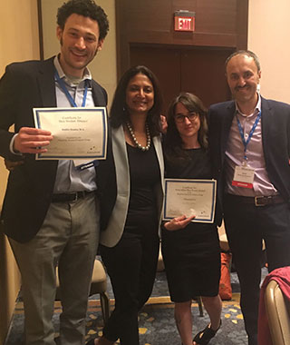 PhD Students Robbie Dembo and Jenny LaFleur posing with Lurie Institute director Monika Mitra and senior scientist Ilhom Akobirshoev, PhD'15, after receiving awards at 2019 AcademyHealth conference.