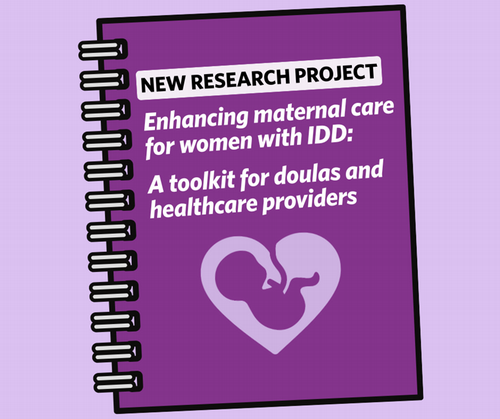A notebook with text that reads ’New Research Project: Enhancing maternal care for women with IDD: A toolkit for doulas and healthcare providers.’ A baby in the womb is below the title text.