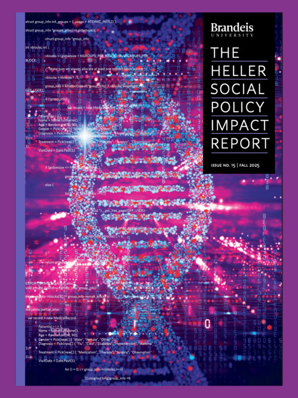 Cover page of Heller Impact Report. A DNA helix with vibrant purple and pink accents.
