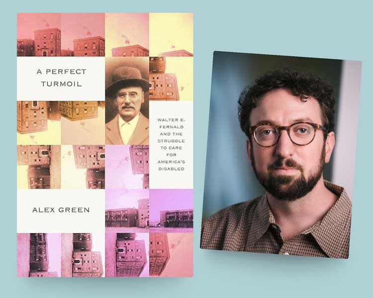 A cover of the book shows Dr. Fernald surrounded by photos of an institution. Book author and speaker at the event, Alex Green's photo is beside the book. Alex wears glasses and is smiling