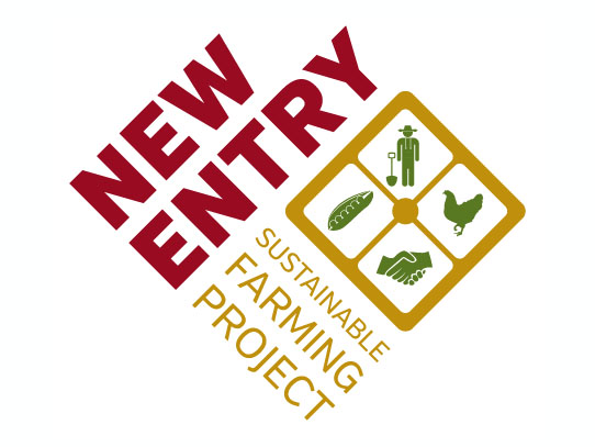 New Entry Sustainable Farming Project logo with icons of farmer, chicken, bread, handshake
