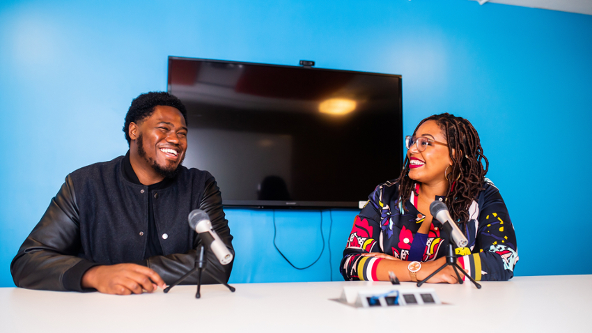 Brian Kennedy, MPP'16, and Marion Johnson, co-hosts of the "At the Intersection" podcast