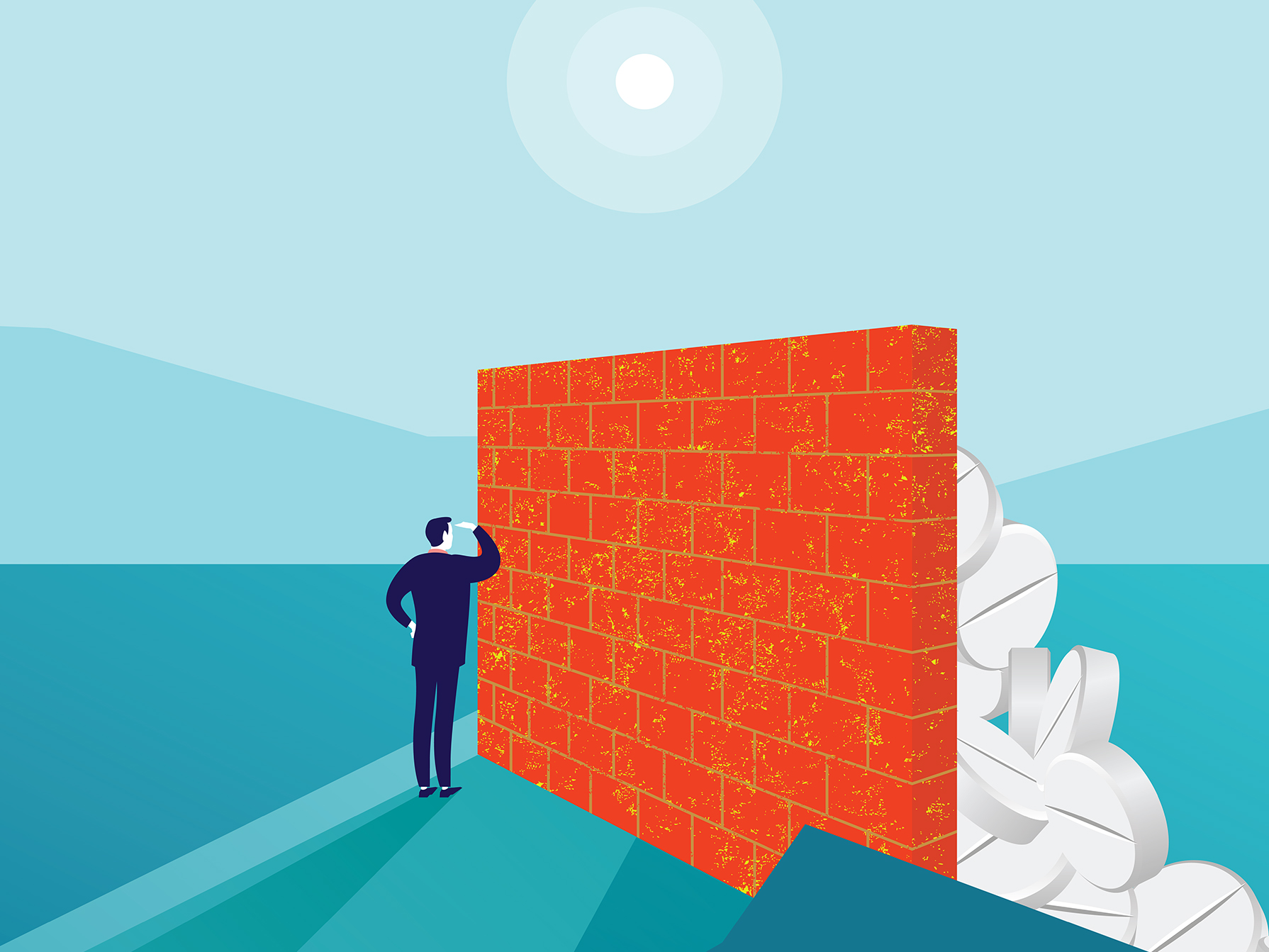 illustration of a man standing in front of a wall that's blocking him from a large pile of medications