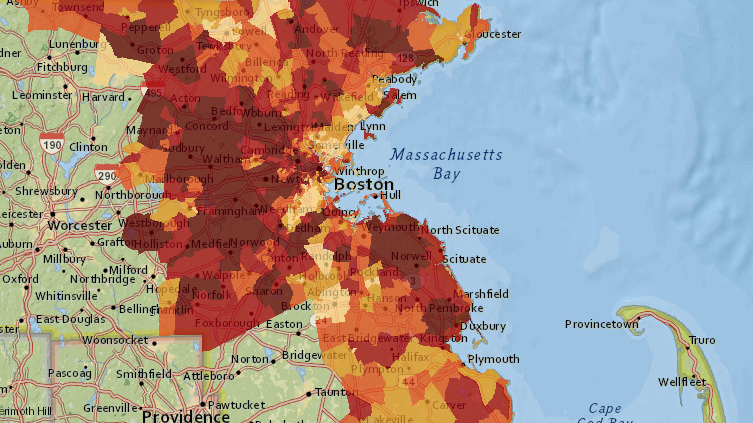 map of Boston metro area with multicolored data heat map overlay