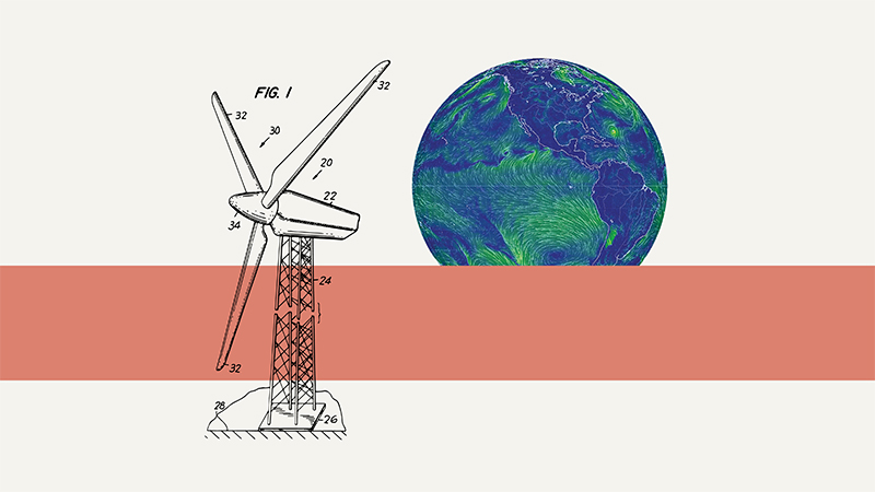 Drawing of windmill next to image of the earth