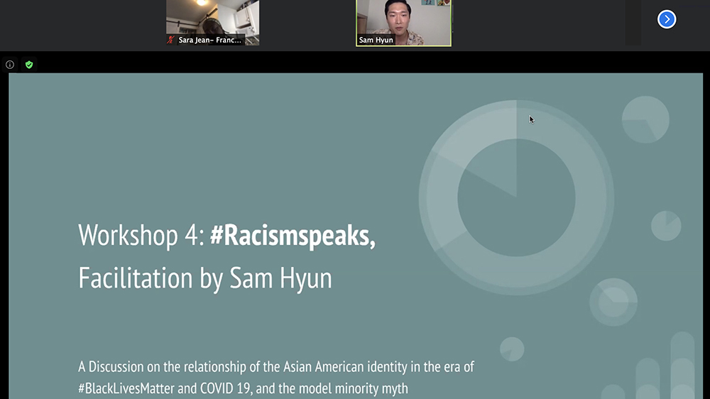 Zoom screenshot of Sam Hyun, MPP'21, leading a discussion about #RacismSpeaks, Asian Americans and Black Lives Matter