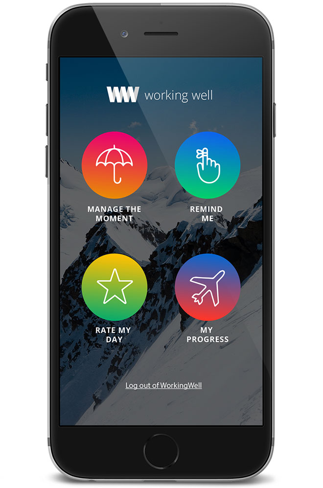 WorkingWell app cell phone screenshot with four options: manage the moment, remind me, rate my day, my progress