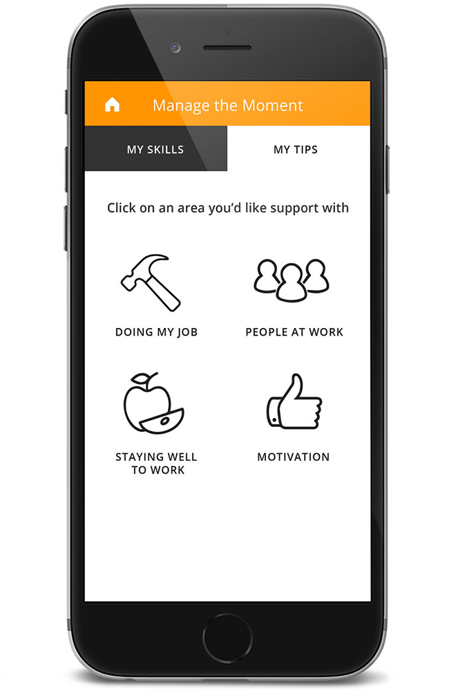 WorkingWell app cell phone screenshot with four options for "My Tips": doing my job, people at work, staying well to work, motivation