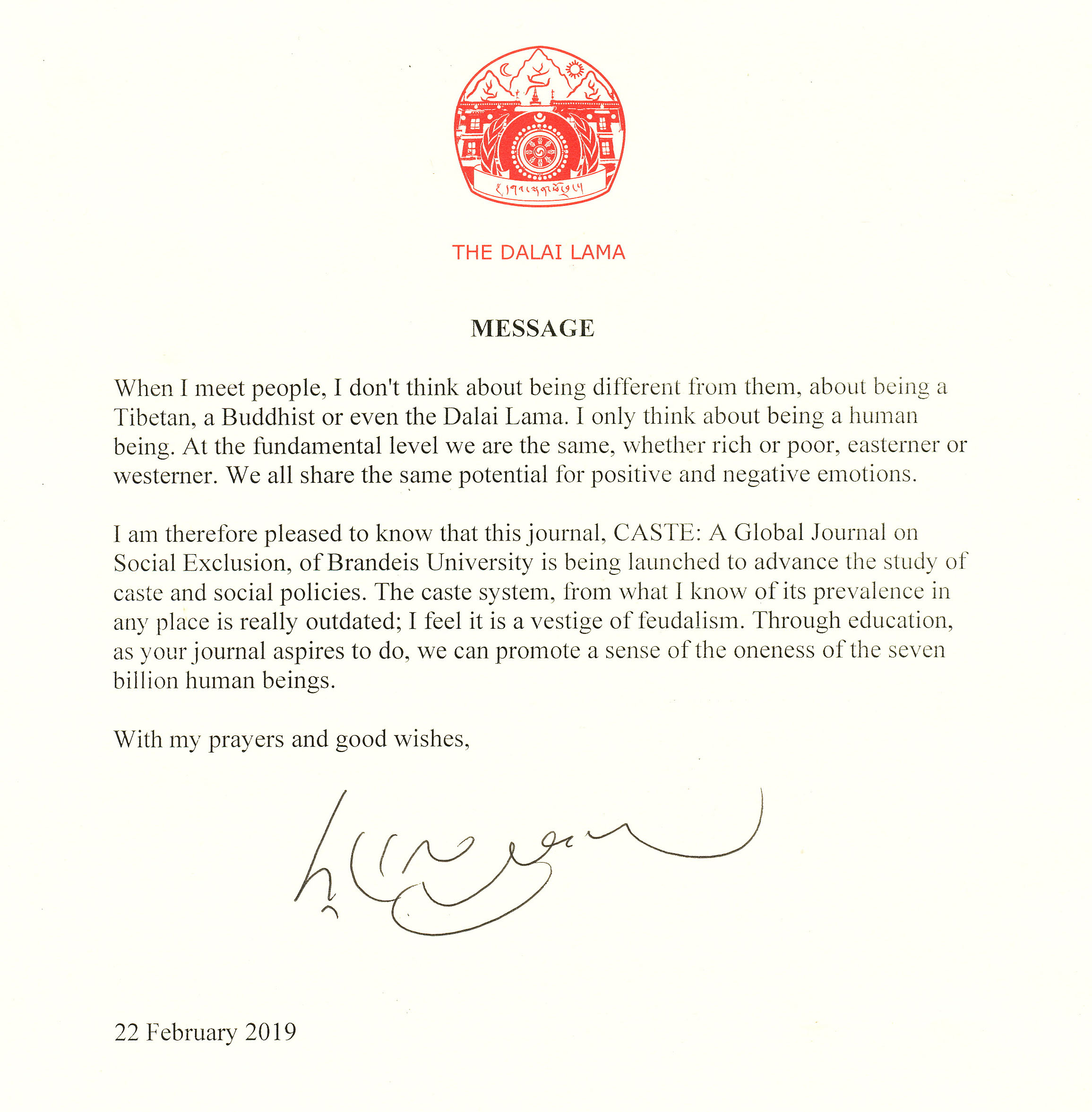Letter from Dalai Lama congratulating J-CASTE