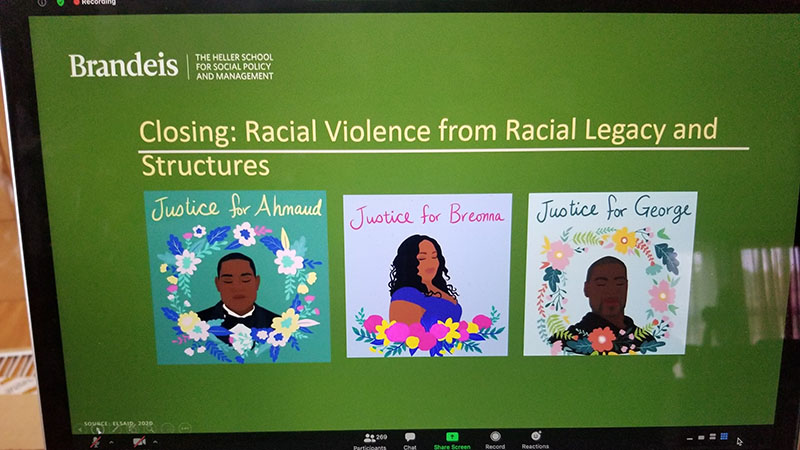 Slide that says Closing: Racial Violence from Racial Legacy and Structures, with illustrations saying "Justice for Ahmad, Breonna and George"