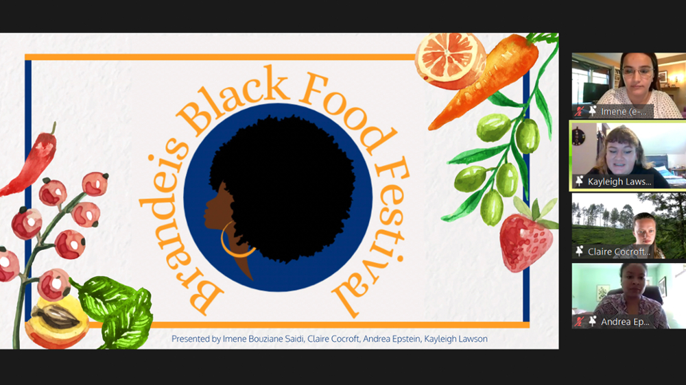 Zoom presentation with "Brandeis Black Food Festival" over illustration of Black woman with Afro and vegetables and four students on the right of the slide