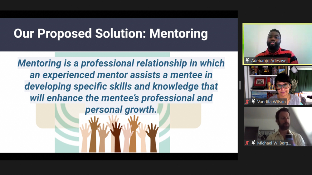 Zoom slide: "Our proposed solution: Mentoring: Mentoring is a professional relationship in which an experienced mentor assists a mentee in developing specific skills and knowledge that enhance the mentee's professional and personal growth." 