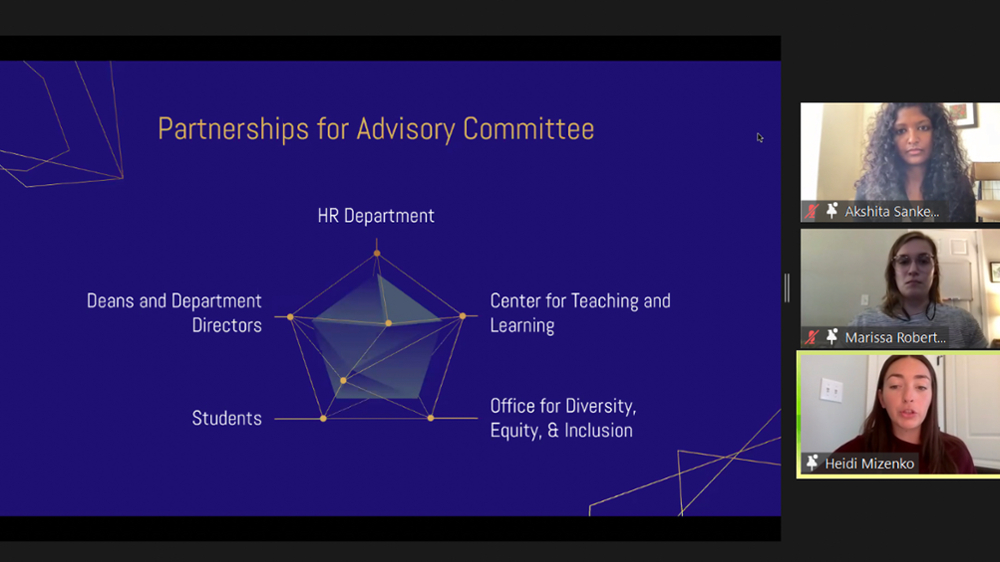 Zoom slide: "Partnerships for Advisory Committee with pentagon showing HR Department, Center for Teaching and Learning, Office for Diversity, Equity and Inclusion, Students, Deans and Department Directors