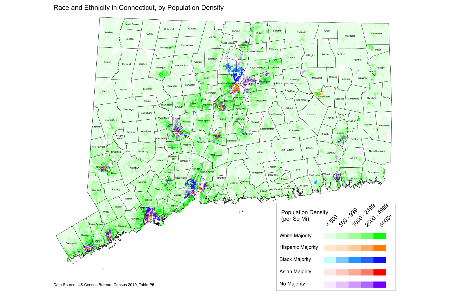 Race and Ethnicity map of Connecticut with all counties delineated and green showing more white people and other colors concentrated in small areas showing people of color