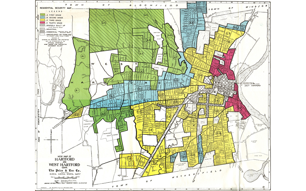 A 1937 map showing redlining in Hartford with yellow, blue and green representing more desirable areas
