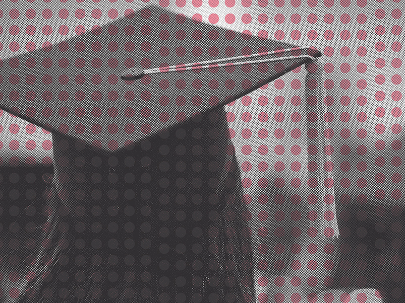 Red tinted image of a mortar board on a student's head