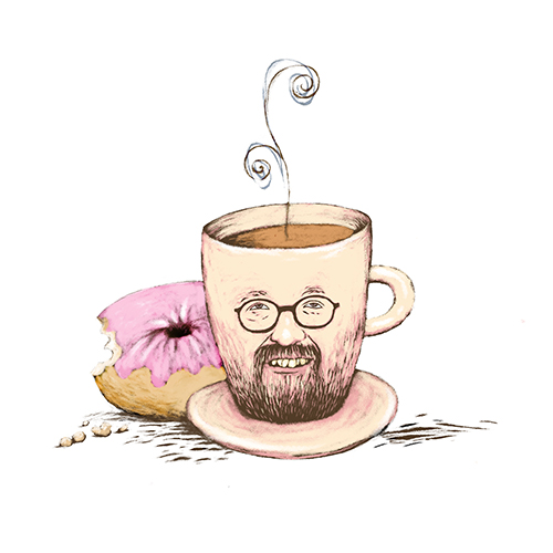 illustration of a donut and a coffee cup with Dean Weil's face on it