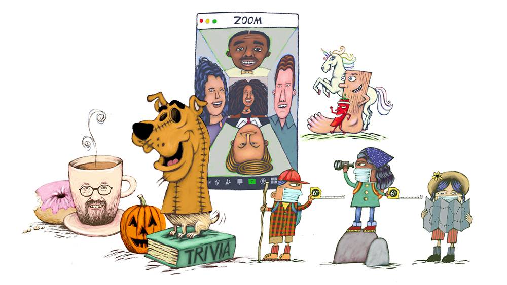 a collection of illustrations including a coffee cup and donut, people hiking, a halloween costume, a zoom screenshot, and cartoon creatures walking