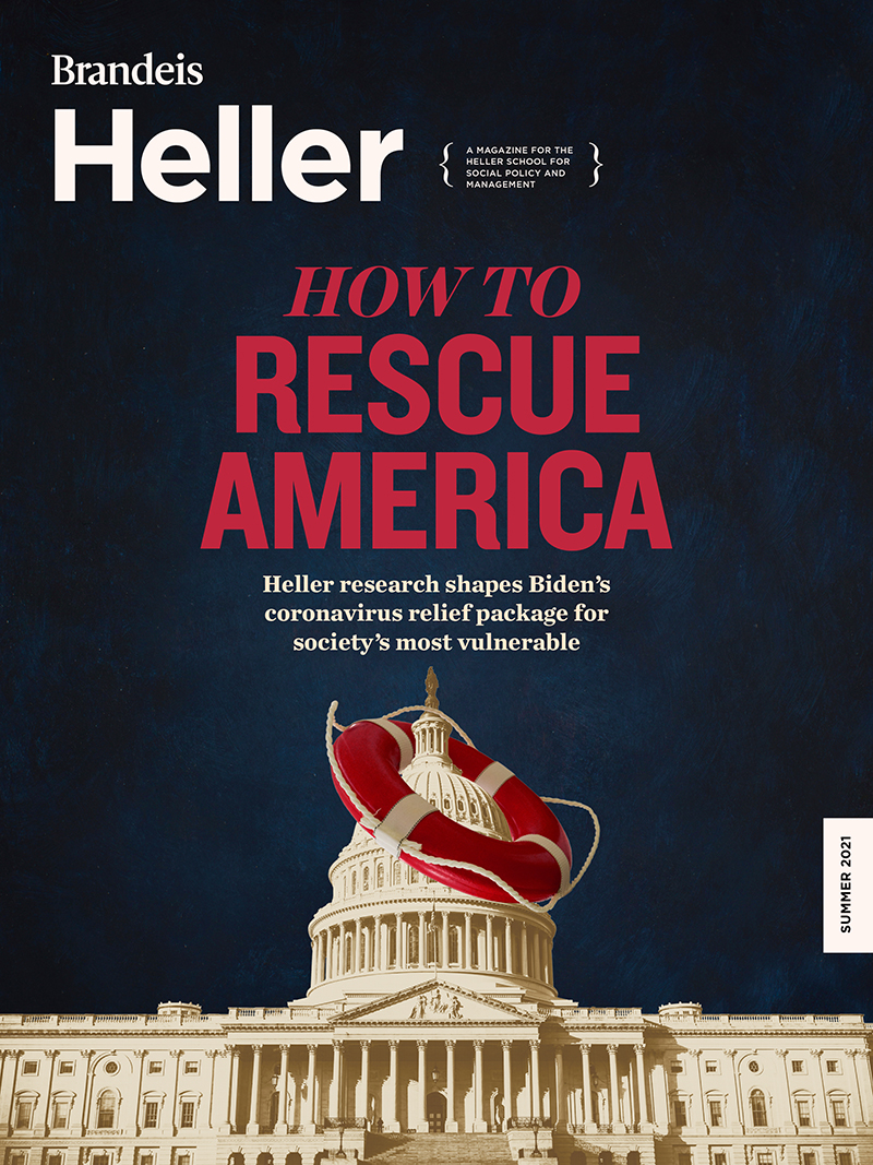 Summer 2021 Heller Magazine Cover: "How to Rescue America: Heller research shapes Biden's coronavirus rescue package for society's most vulnerable" and image of Capitol building with red life preserver draped over it against a dark blue background