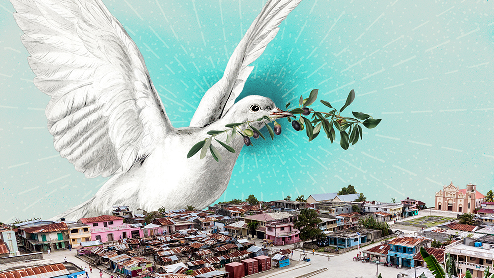 illustration of a huge dove bearing an olive branch, looming over a city neighborhood in Haiti