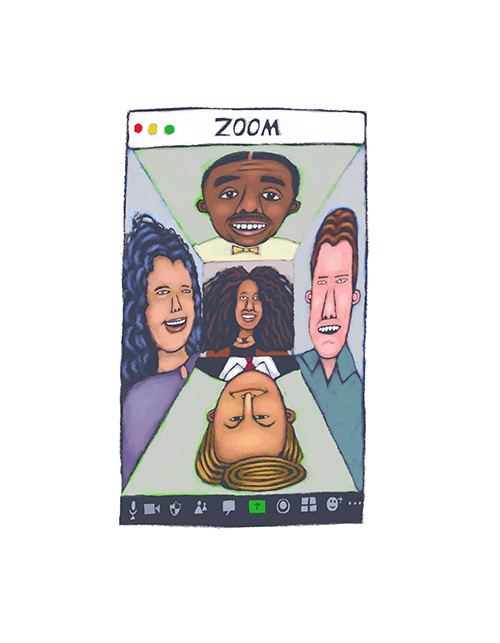 illustration of a zoom screenshot of five people arranged in a 3-dimensional hallway