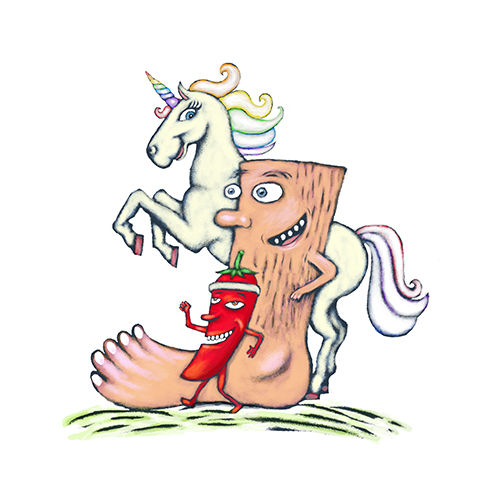 cartoon illustration of a unicorn, a chili pepper and a foot exercising