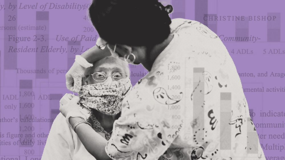 Photo illustration of nurse helping an elderly patient put on a face mask with faded graphs and words over the image