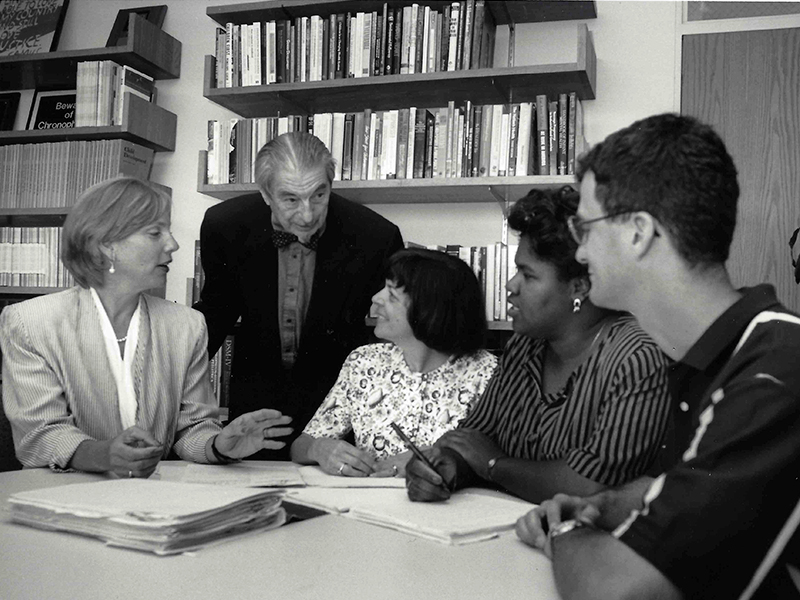 Historic image featuring Marty Krauss, Gunnar Dybwad, and three others in a classroom setting