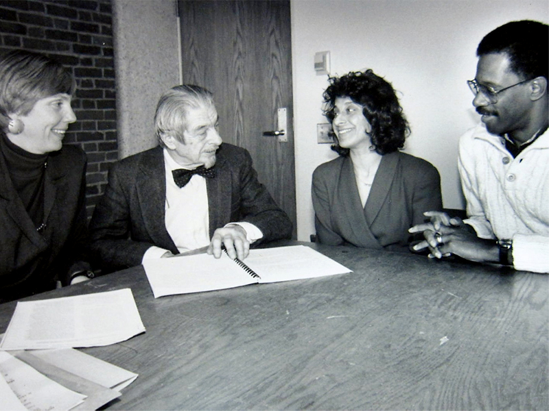 Marty Krauss, Gunnar Dybwad, Susan Pollack and Larry Curtis in a meeting