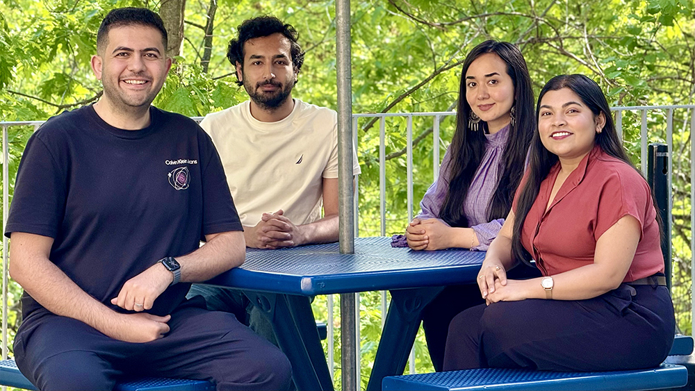 The Dermx Team - left to right: MS GHPM students Youssef Hussien, Abdalrahman Ahmed, and Taiba Aziz; and MA SID student Bipasha Roy