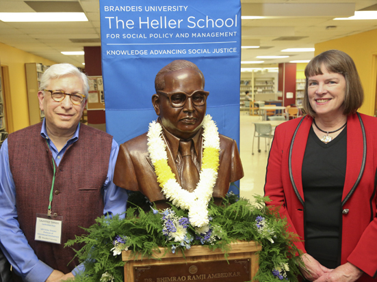 Prof. Laurence Simon and Provost Lisa Lynch with bust of Dr. B.R. Ambedkar