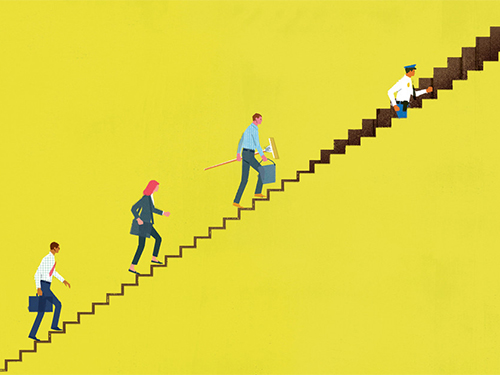 illustration of people walking up a staircase and disappearing