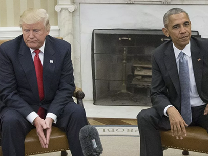 Donald Trump and Barack Obama with stern faces