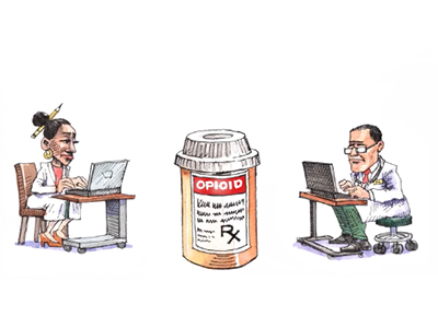 A drawing of two doctors who have a bottle of pills between them