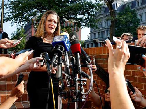 Chrystia Freeland, the Canadian foreign-affairs minister, speaking outside the office of the United States Trade Representative 