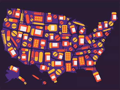 map of US overlaid with symbols of prescription bottles, pills and syringes