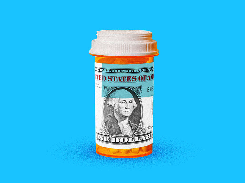 A bottle of opioids with a dollar bill surrounding it