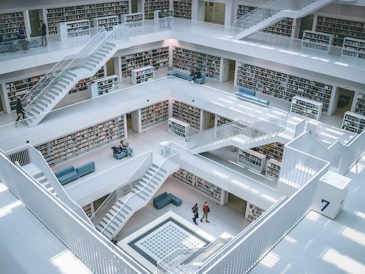 white library with many stairs